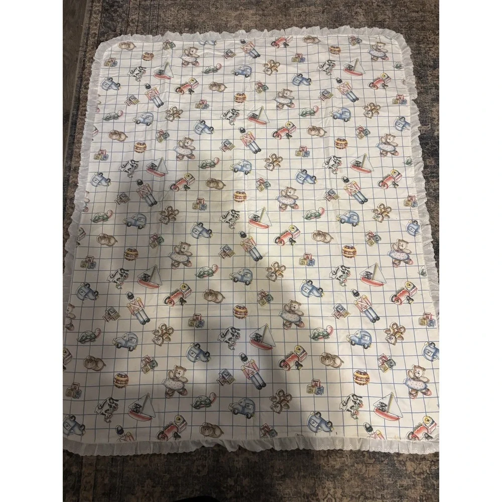 Vtg 80s‎ "That's Our Baby" Crib Blanket Teddy Bear Duck Blocks Bunny 43" X 36" - Picture 10 of 15